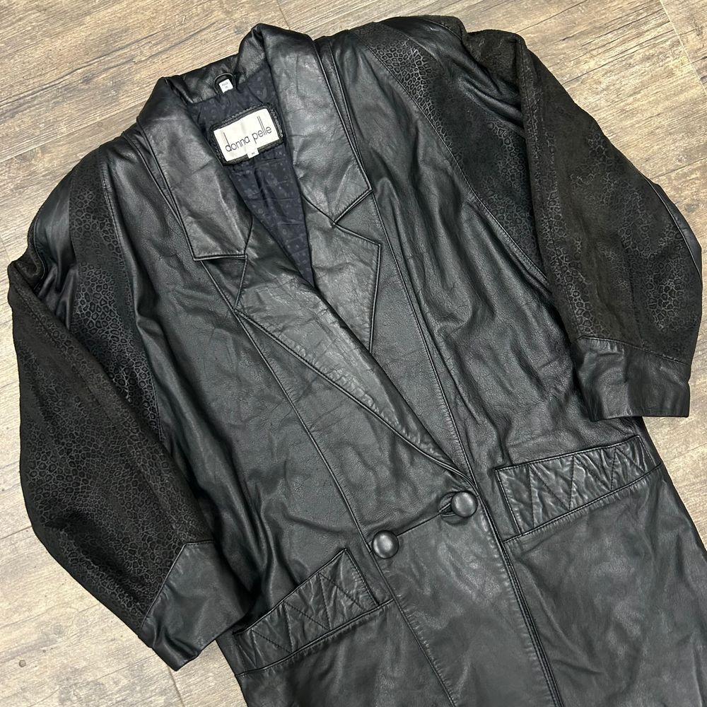 Vintage Donna Pelle Mid Length Leather‎ Coat Women Size Medium Black Cheetah